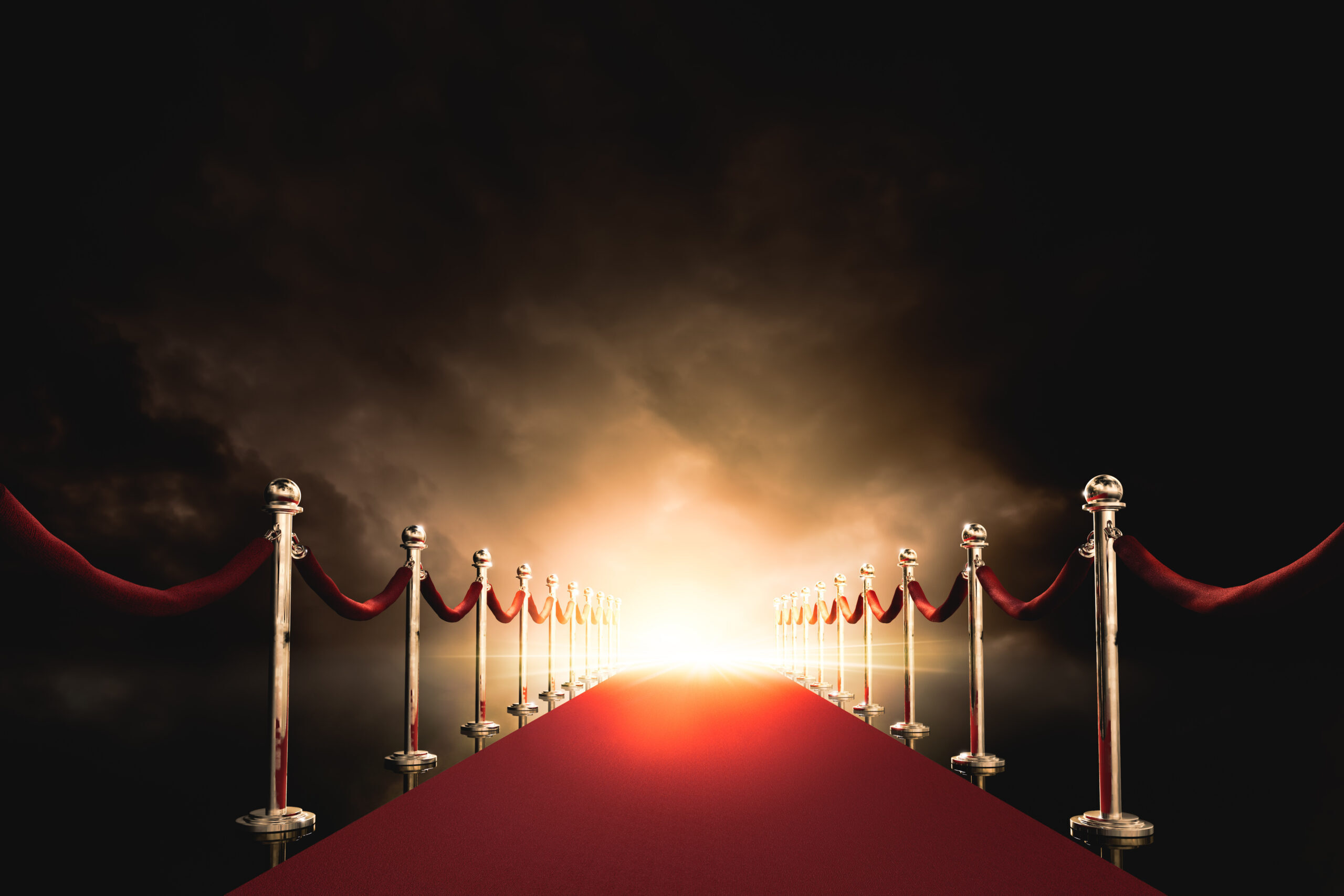 Red carpet with bright light in the end / 3D illustration